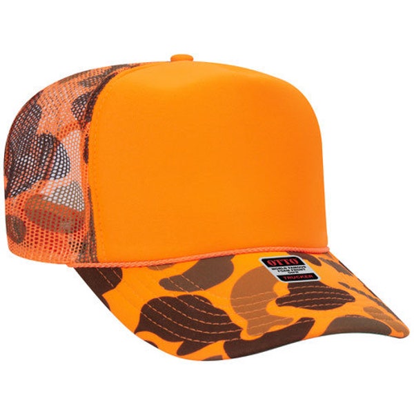 NEON ORANGE CAMO - Otto Trucker Hats High Profile in All Colors / Trucker/ Foam Front Cap / Adjustable / SnapBack  Mesh Back style 39-165