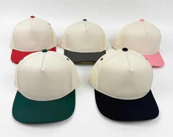 5 Panel Cream 2 Tone Snapback Blank / Suede/ Baseball/  Trucker Caps/ Adjustable/ SnapBack/  Uni Sex Adult/ Red/ Black/ Pink/ Forest Green