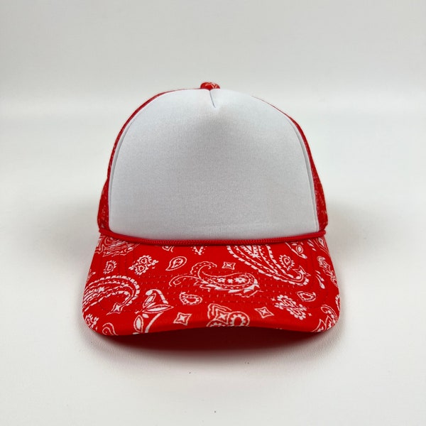 RED / WHITE  Paisley Bandana - Trucker Hats  Foam Front Cap / Adjustable / SnapBack / 5 Panel Mesh