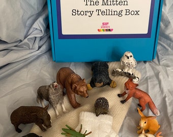 The Mitten Story telling box with animals from Brett and Tresselt versions