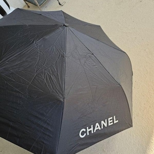 CHANEL Folding Rain Umbrella Logo Calimea Black White Travel Compact w/  Case Box