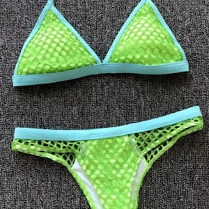 Lime Green 2 Piece Mesh Halter Style Swimsuit