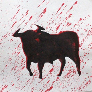 Toro bajo la lluvia roja, postales de arte, piezas únicas, arte, dibujo a tinta