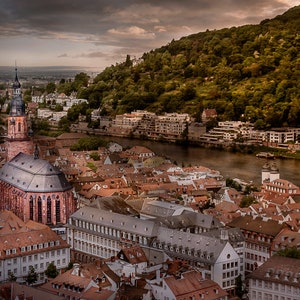 Heidelberg City Canvas Print, German Medieval Town, Living room wall decor, Wall art, Neckar River, Fine Art, Church of the Holy Spirit