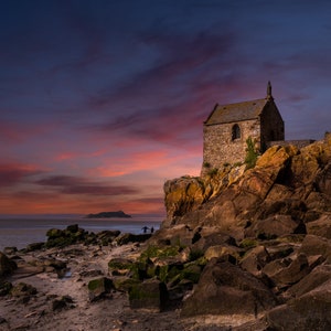 Impresión en lienzo de la capilla Saint-Aubert Mont Saint Michel, Normandía, Francia, decoración de pared de sala de estar, arte de pared, fortaleza de piedra histórica, bellas artes