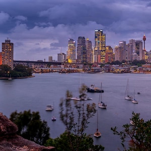 Impression sur toile du port de Sydney, belvédère de Berrys Bay, décoration murale de salon, art mural, ligne d'horizon, photographie d'art, Carradah Park, Sydney CBD