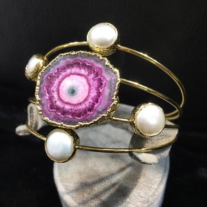 Bracelet, christmas gifts, Adjustable Pink Agate Stone, Natural Pearl Bangle Bracelet  , Gold Plated Succulent Jewelry, Birthday Gift