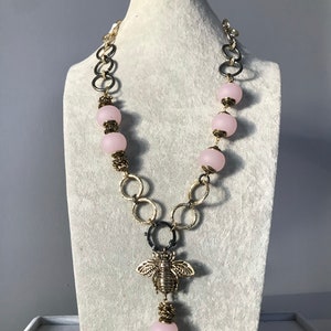 Mothers Day, pink bead necklace, bee necklace, brass plated chain necklace, multi-strand necklace, long necklace, gift , valentine&#39;s day