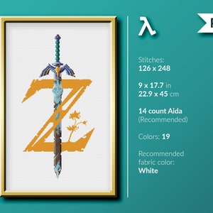 May include: Cross stitch pattern of the Master Sword from the Legend of Zelda video game series. The sword is depicted in a stylized 'Z' shape with a yellow and blue color scheme. The pattern is 126 stitches wide by 248 stitches tall and requires 19 colors. The recommended fabric is 14 count Aida cloth in white.