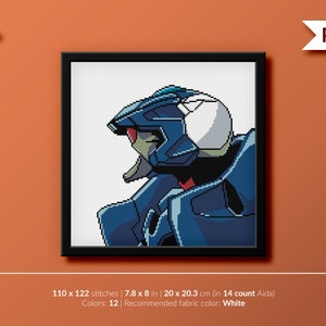 May include: A cross-stitch pattern of a blue and white robot in a helmet, framed in black. The pattern is 110 x 122 stitches, 7.8 x 8 inches, and requires 12 colors. The recommended fabric color is white.