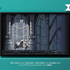 Könnte beinhalten: Ein Pixel-Art-Kreuzstichmuster mit einem Ritter und einem kleinen Wesen, die vor einer großen, verzierten Tür stehen. Das Muster ist 191 Stiche breit und 115 Stiche hoch und benötigt 9 Farben. Die empfohlene Stofffarbe ist Schwarz.