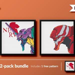 May include: Two framed cross-stitch patterns featuring the iconic robots from the anime series Neon Genesis Evangelion. The left frame shows Unit-01, a purple and green robot with the NERV logo. The right frame shows Unit-00, a red and white robot. The text "2-pack bundle" and "Includes 1 free pattern" is visible below the frames.