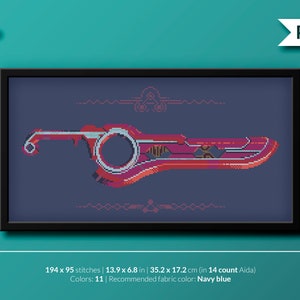 May include: Cross-stitch pattern of a red and blue sci-fi weapon, 194 x 95 stitches, 13.9 x 6.8 inches, 35.2 x 17.2 cm, 14 count Aida, 11 colors, recommended fabric color: Navy blue.