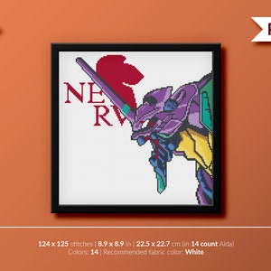 May include: Cross stitch pattern featuring a purple and yellow robot with the text "NERV" in red. The pattern is 124 x 125 stitches and measures 8.9 x 8.9 inches. The recommended fabric color is white.