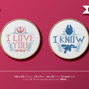 Gwiezdne wojny-Imperium kontratakuje-Han Solo-Leia Organa-kocham cię-wiem-cytaty-wzór ścieg krzyżykowy (Instant Download w formacie PDF)