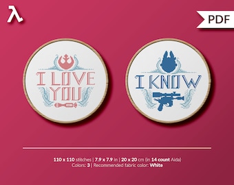May include: Two round embroidery patterns, one with the text "I LOVE YOU" and a Star Wars Rebel Alliance symbol, the other with the text "I KNOW" and a Star Wars blaster. Both patterns are in blue and red on a white background.