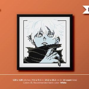 May include: Cross stitch pattern of a character with white hair and a black jacket. The pattern is 128 x 128 stitches and measures 9.1 inches by 9.1 inches. The recommended fabric color is white.