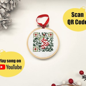 Last Christmas QR-code kruissteekpatroon, speelt Wham! nummer op YouTube, ornament of wenskaart, digitale PDF-grafiek