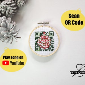 Schlittenfahrt QR-Code Kreuzstich Ornament Muster, spielt Weihnachtslied auf YouTube, digitale PDF-Chart