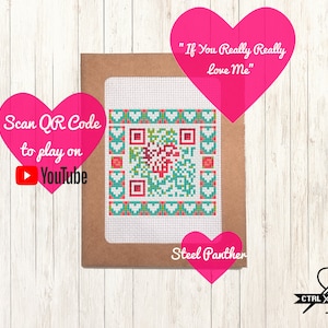 Grappig Valentijns QR-code kruissteekpatroon - speelt "Als je echt van me houdt" van Steel Panther op YouTube - Digitaal PDF-patroon