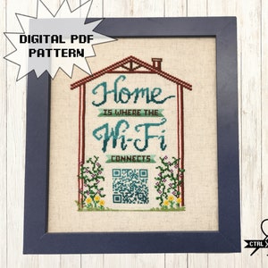 Custom Home ist der Ort, an dem sich das Wi-Fi Connects QR-Code-Kreuzstichmuster verbindet – QR-Code scannen, um eine Verbindung zum drahtlosen Netzwerk herzustellen – digitales PDF-Muster