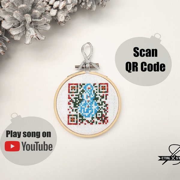 The Christmas Song QR code cross stitch ornament pattern, plays Nat King Cole song on YouTube, Digital PDF chart
