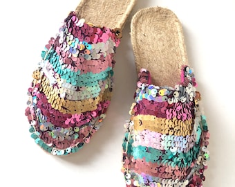 Sequin Girls Espadrilles Mules Slipper Shiny Shoes Birthday Party