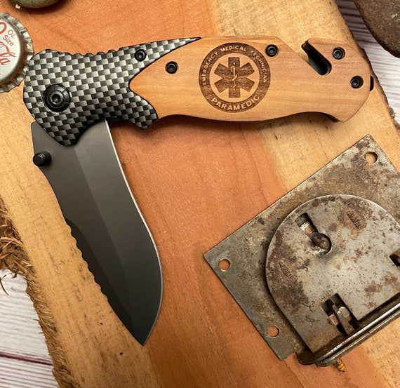 Paramedic Olive Wood Handle Knife, Lock Blade with Seat Belt Cutter