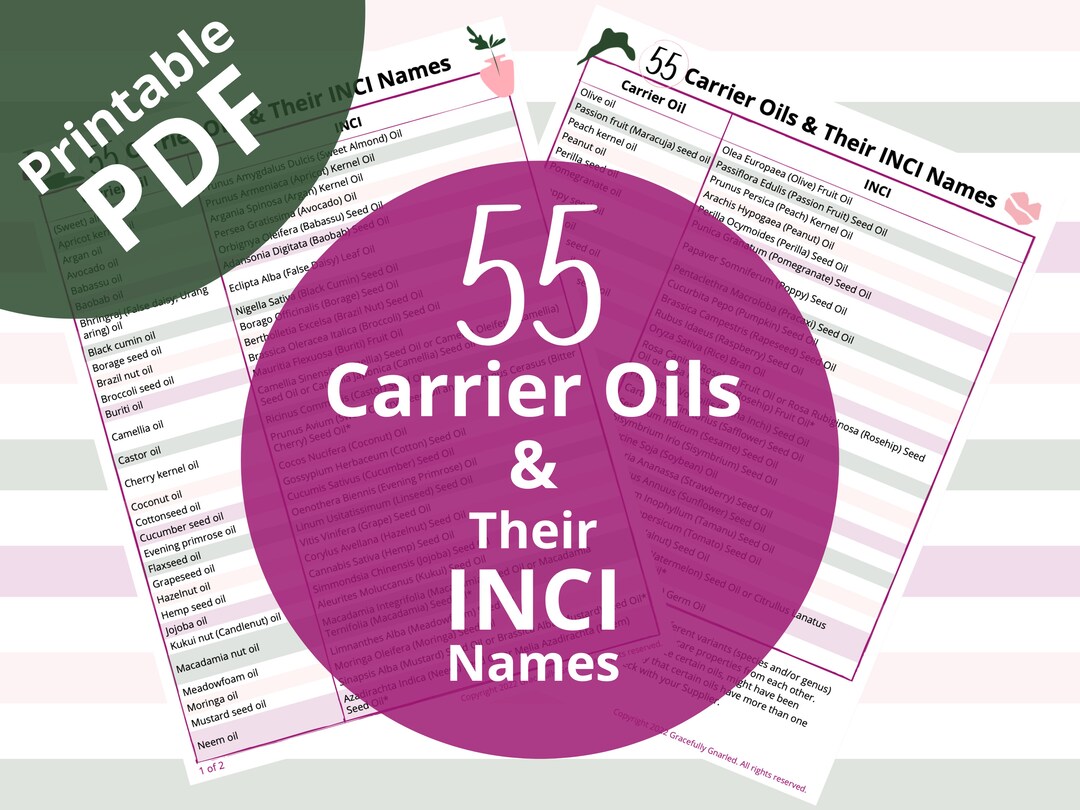 55 Carrier Oils & INCI Names Chart printable PDF Etsy