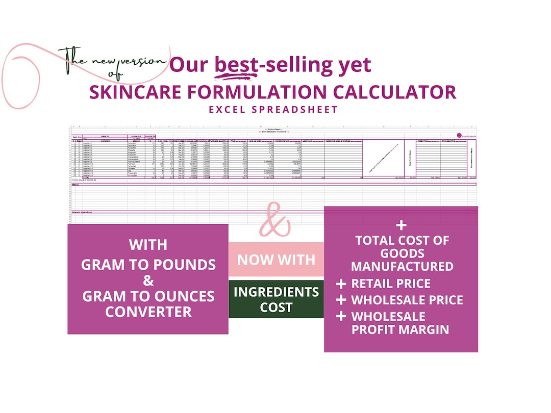 Skincare Formulation + Costs + Pricing Calculator (excel Spreadsheet