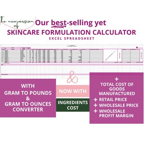 Skincare Formulation + Costs + Pricing Calculator (Excel Spreadsheet)