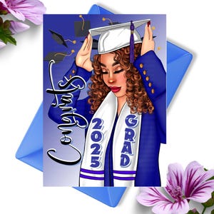 Afstudeerkaarten voor vrouwen, Senior Class of 2025, Celebration, African American, Black Girl Magic, pet en toga, diploma's, gemengd ras