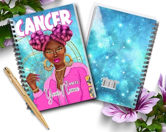 Personalized Cancer Zodiac Journal: Black Woman Art, Inspirational Notebook