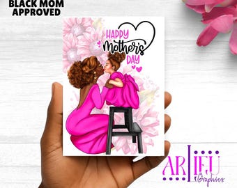 Black Mother&#39;s Day Card – African American Mom and Daughter | Greeting Card from Daughter or Son | Blank Inside | Melanin Art Card