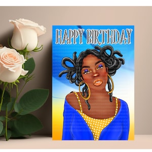 Cartão de feliz aniversário para mulheres, mulheres afro-americanas com locs, arte negra feita à mão, ideias para presentes de comemoração, expressões éticas de 2024,