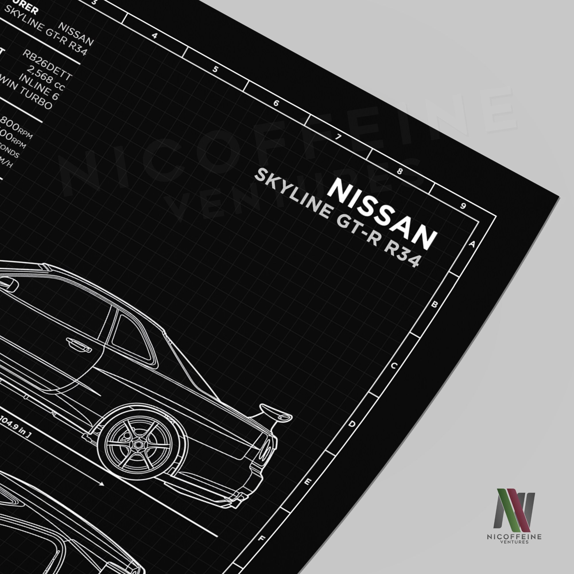 Gt R R34 Blueprint Basic Nissan Skyline GT-R R34 Minimalist Blueprint Style for Large Poster ...