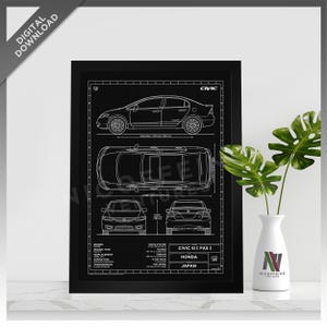 May include: A black and white line drawing of a Honda Civic Si car on a black background. The drawing includes the car's dimensions and specifications, including the engine size, displacement, horsepower, and torque. The text "CIVIC SI [FAS]" is printed below the drawing, along with the Honda logo and the word "JAPAN".