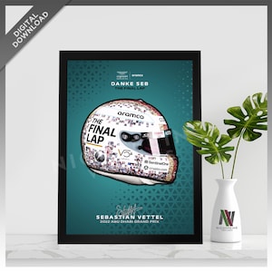 May include: A teal and black framed poster with a white race car helmet with a collage of photos on it. The helmet has the words "The Final Lap" on it. The poster also has the text "Danke Seb The Final Lap" and "Sebastian Vettel 2022 Abu Dhabi Grand Prix".