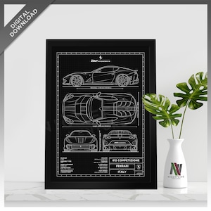May include: Black and white line art print of a Ferrari 812 Competizione. The print features a side view, top view, and front view of the car. The print also includes technical specifications for the car, such as engine type, displacement, and horsepower. The print is framed in a black frame.