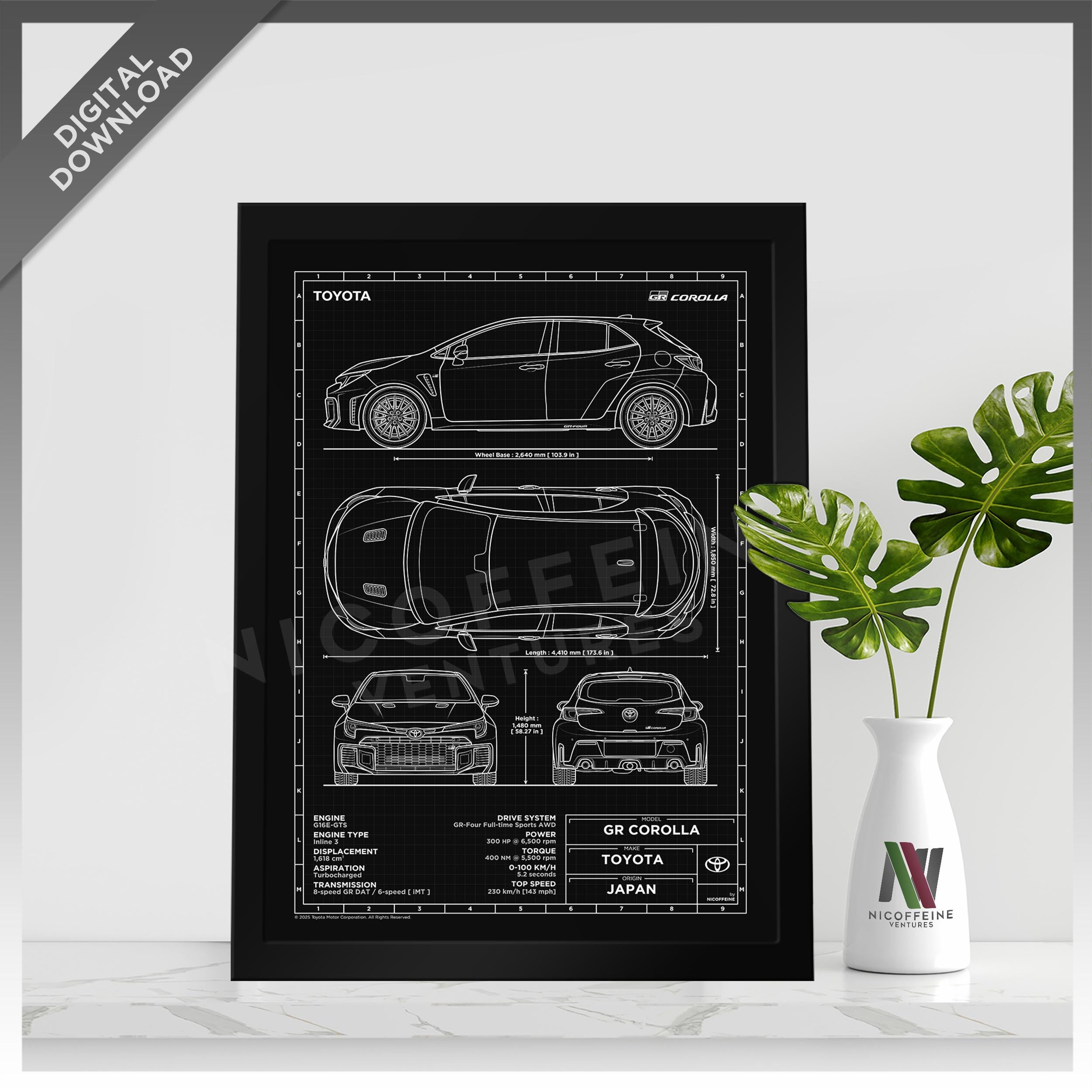 Toyota GR Corolla Gr Four G16e 2025 Minimal Car Blueprint Style