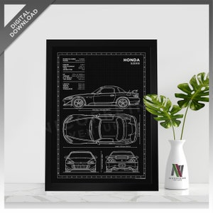 Honda S2000 AP2 Minimalist Sport Car Blueprint Style for Large Poster Print / Wall Art | Digital Download