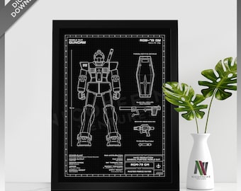 Mobile Suit Gundam RGM-79 GM Mecha Robot Blueprint Style for Large Poster Print / Wall Art | Digital Download | Printable