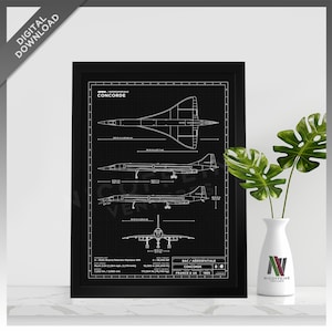 May include: A black and white blueprint style illustration of the Concorde supersonic jet. The blueprint shows the plane in three different views, with text that reads "BAC/AEROSPATIALE CONCORDE FRANCE & UK 1969".