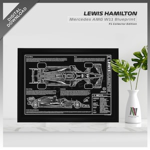 Puede incluir: Un plano en blanco y negro de un coche de carreras de Fórmula 1, el Mercedes AMG W11, conducido por Lewis Hamilton. El plano muestra los detalles de diseño del coche, incluyendo el alerón delantero, el alerón trasero, los pontones y el motor. El texto "LEWIS HAMILTON" está impreso en el lado derecho del plano.