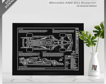Mercedes AMG W11 EQ Performance Lewis Hamilton LH44 Formula 1 F1 Car Blueprint Style for Large Poster Print / Wall Art | Digital Download