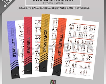 Póster de ejercicio de entrenamiento completo con pelota de estabilidad, barra, banda de resistencia y pesa rusa para impresión de póster, arte de pared o descarga digital