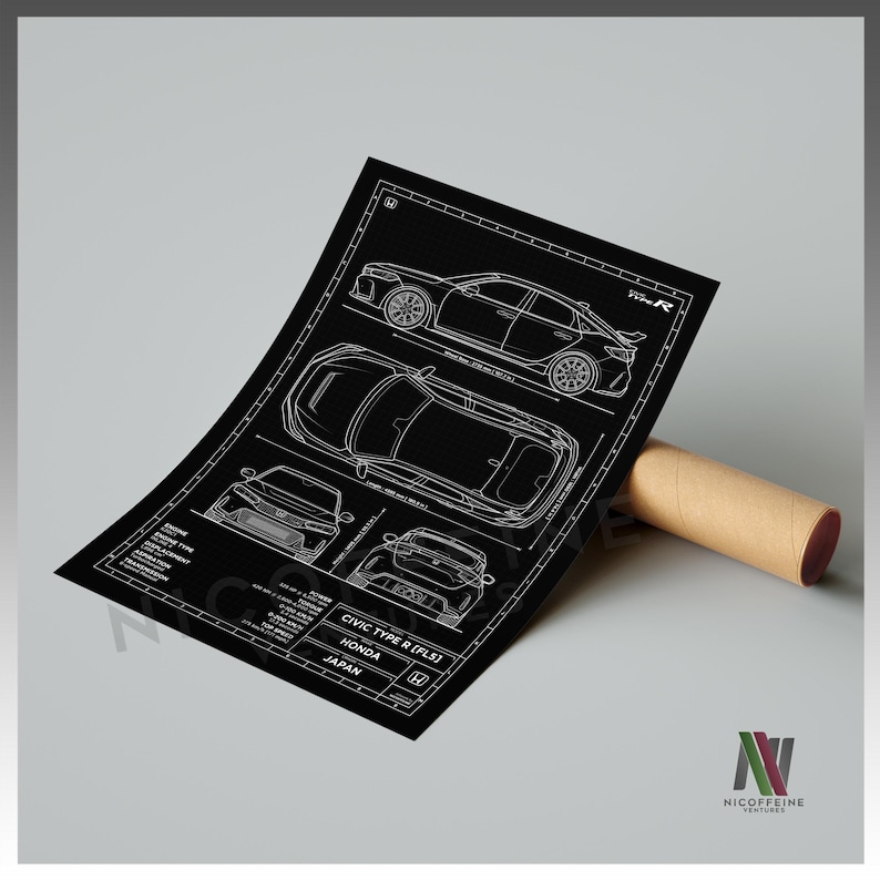 Honda Civic FL5 Type R FL5R Minimalist Sport Car Blueprint Style for ...