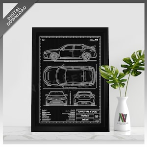 Puede incluir: Un plano en blanco y negro de un Honda Civic Type R. El plano incluye una vista lateral, una vista superior y una vista frontal del coche. Las especificaciones del coche se enumeran debajo de los dibujos, incluyendo el tipo de motor, el desplazamiento, la potencia y la velocidad máxima. El texto "CIVIC TYPE R [FLS]" se muestra en una pancarta en la parte superior del plano. El texto "HONDA" se muestra debajo de la pancarta. El texto "JAPÓN" se muestra debajo de "HONDA".