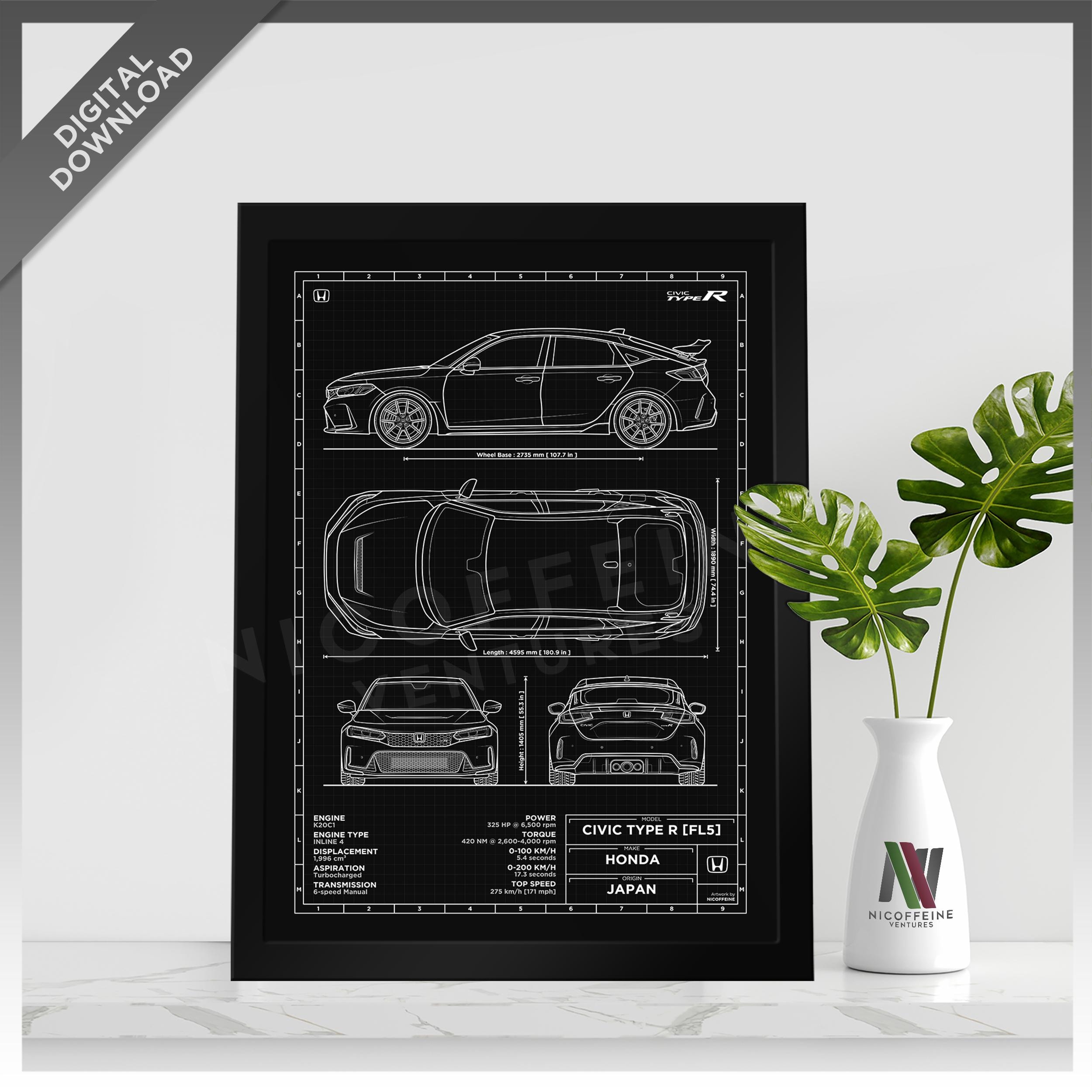 Honda Civic FL5 Type R FL5R Minimalist Sport Car Blueprint Style