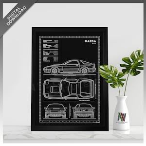 Mazda RX-7 FC Savanna RX7 2nd Generation Minimalist Sport Car Blueprint Style for Large Poster Print / Wall Art | Digital Download